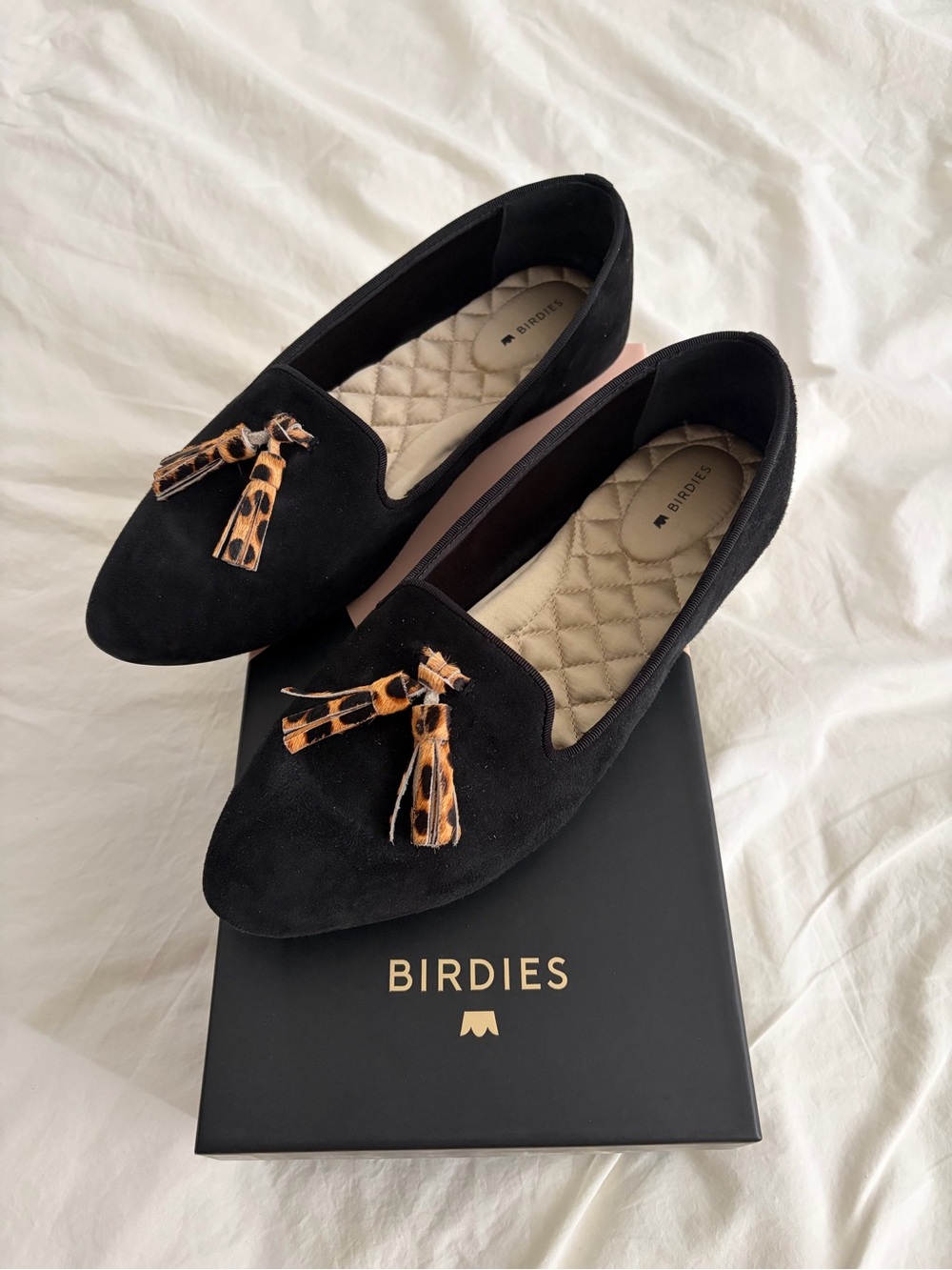 Birdies Black Suede Loafers with Leopard Tassels